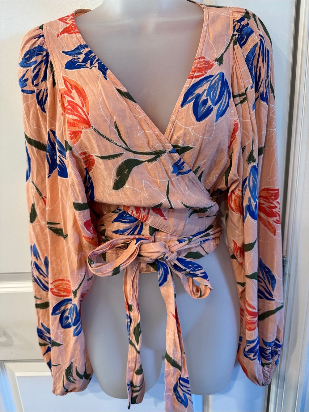 Olivaceous Peach Floral Wrap Blouse with Blue & Coral Flowers